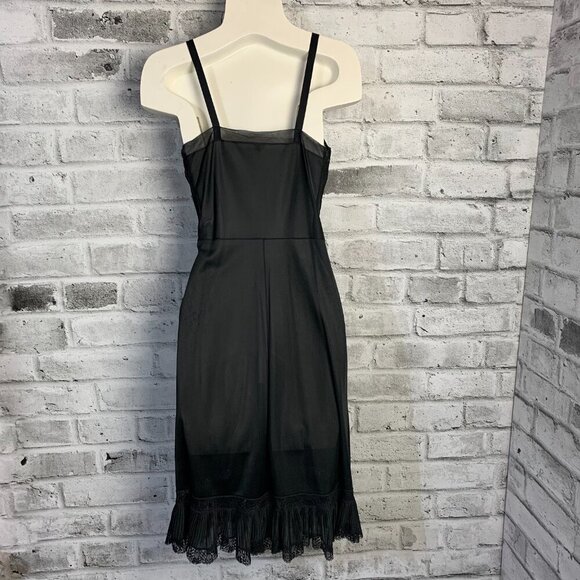 Vintage Babydoll Slip Dress Black Satin Sheer Lace Trim Ruffle Nightgown - Picture 5 of 13